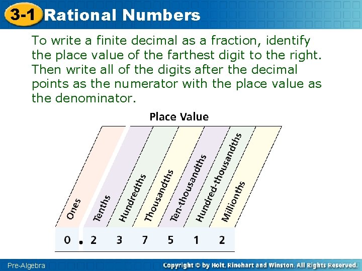 3 -1 Rational Numbers To write a finite decimal as a fraction, identify the