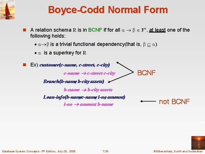 Boyce-Codd Normal Form n A relation schema R is in BCNF if for all Boyce-Codd Normal Form n A relation schema R is in BCNF if for all