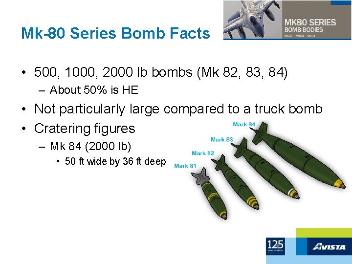 Mk-80 Series Bomb Facts • 500, 1000, 2000 lb bombs (Mk 82, 83, 84)