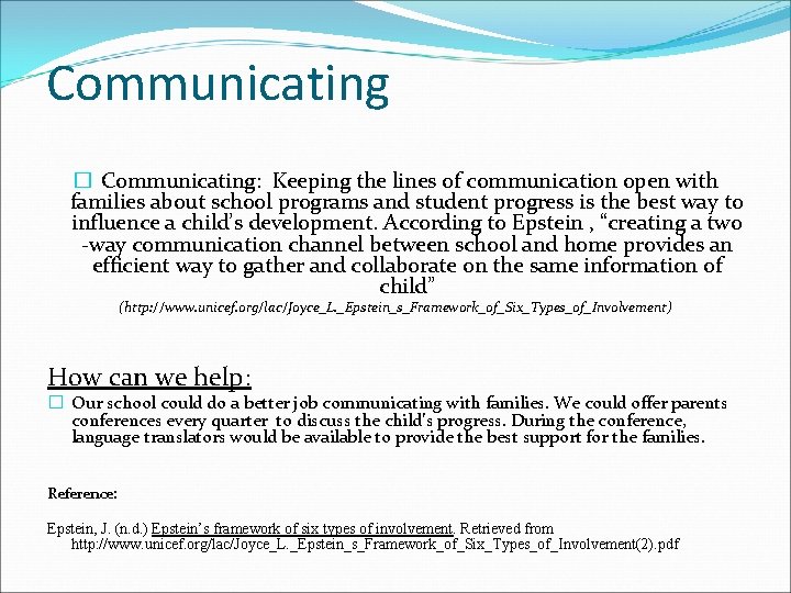 Communicating � Communicating: Keeping the lines of communication open with families about school programs