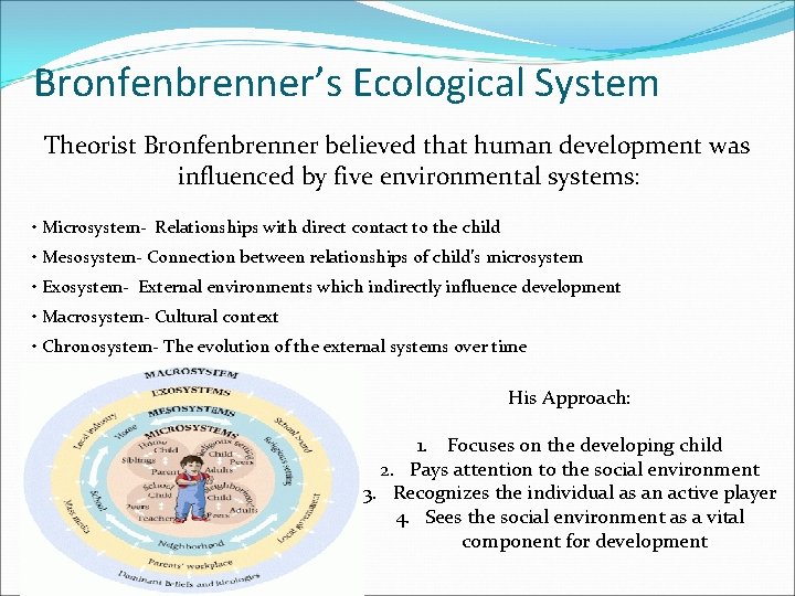 Bronfenbrenner’s Ecological System Theorist Bronfenbrenner believed that human development was influenced by five environmental