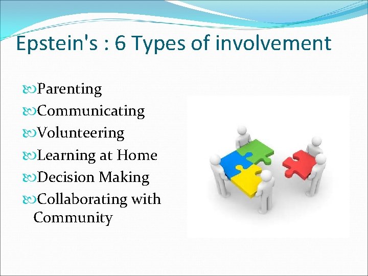 Epstein's : 6 Types of involvement Parenting Communicating Volunteering Learning at Home Decision Making