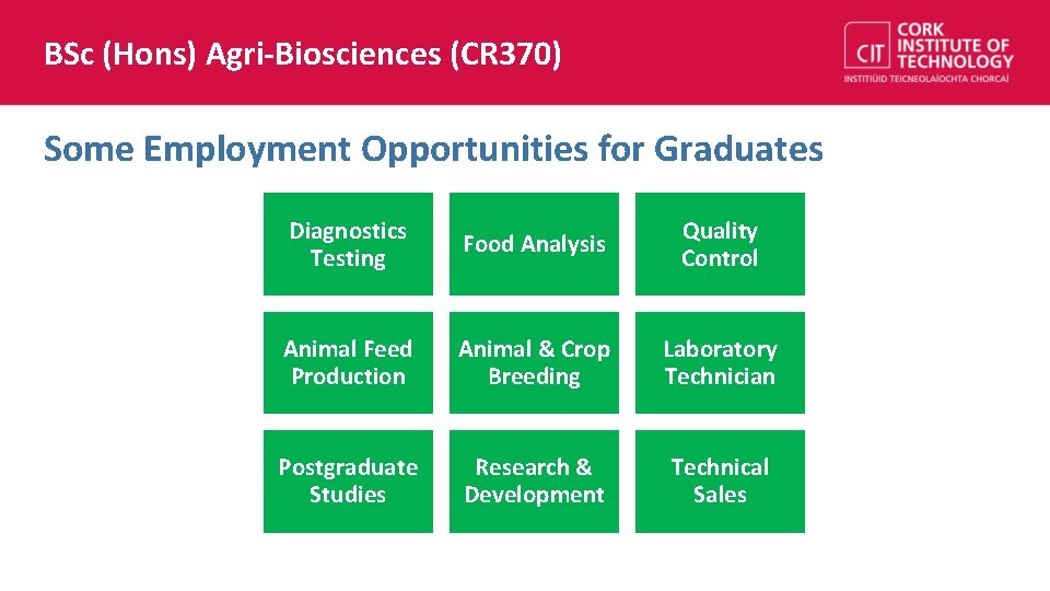 BSc (Hons) Agri-Biosciences (CR 370) Some Employment Opportunities for Graduates Diagnostics Testing Food Analysis