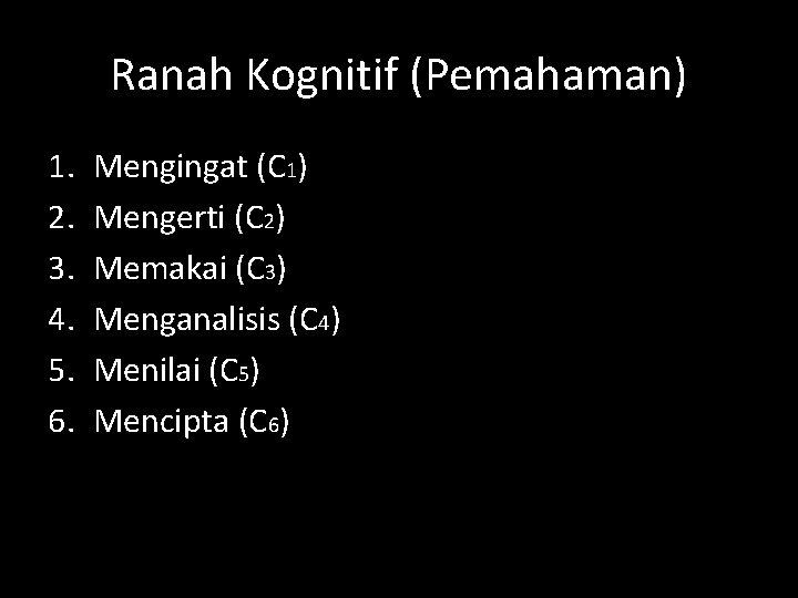 Ranah Kognitif (Pemahaman) 1. 2. 3. 4. 5. 6. Mengingat (C 1) Mengerti (C