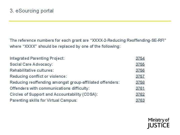 3. e. Sourcing portal The reference numbers for each grant are “XXXX-2 -Reducing Reoffending-SE-RFI”