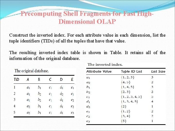 Precomputing Shell Fragments for Fast High. Dimensional OLAP Construct the inverted index. For each