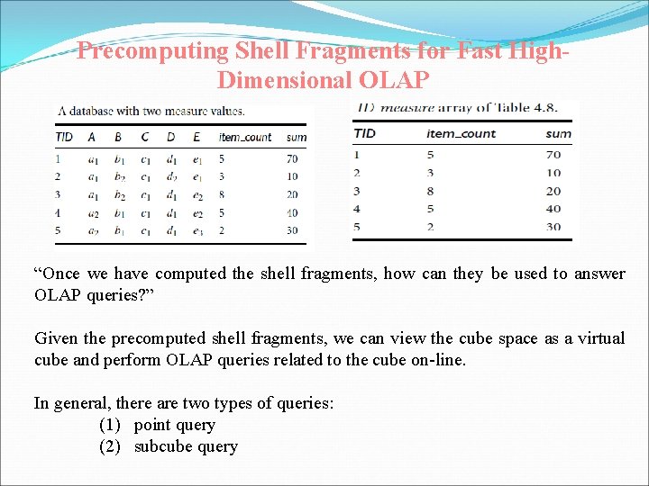 Precomputing Shell Fragments for Fast High. Dimensional OLAP “Once we have computed the shell