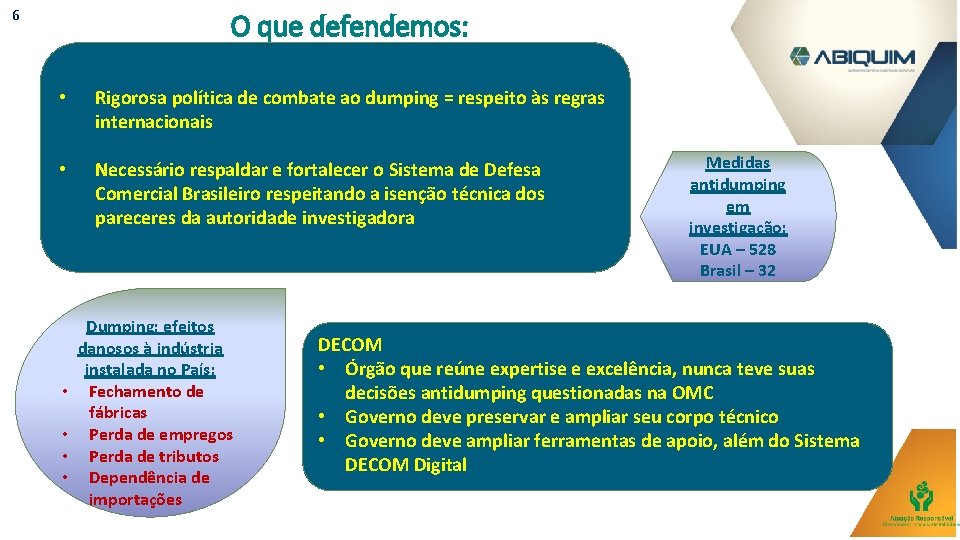 6 O que defendemos: • Rigorosa política de combate ao dumping = respeito às