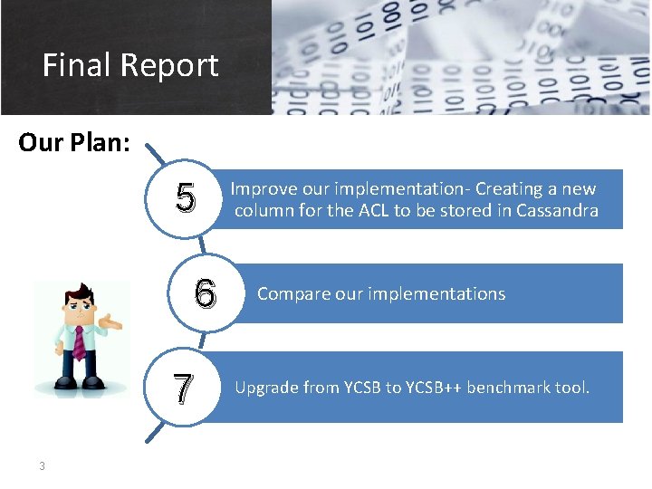Final Report Our Plan: 5 6 7 3 Improve our implementation- Creating a new