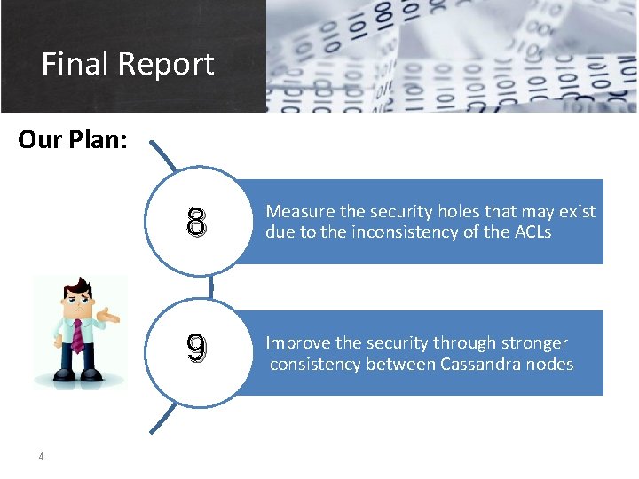 Final Report Our Plan: 4 8 Measure the security holes that may exist due