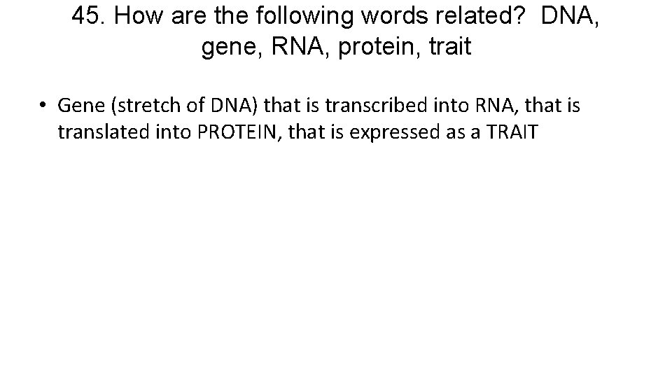 45. How are the following words related? DNA, gene, RNA, protein, trait • Gene