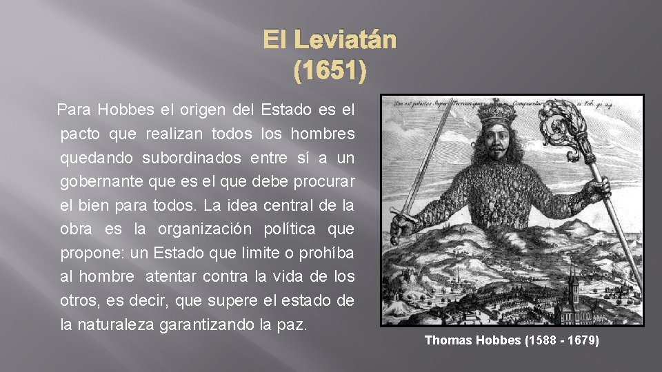 El Leviatán (1651) Para Hobbes el origen del Estado es el pacto que realizan