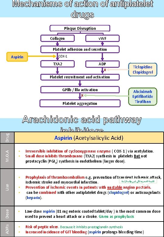 Mechanisms of action of antiplatelet drugs Plaque Disruption Collagen v. WF Platelet adhesion and