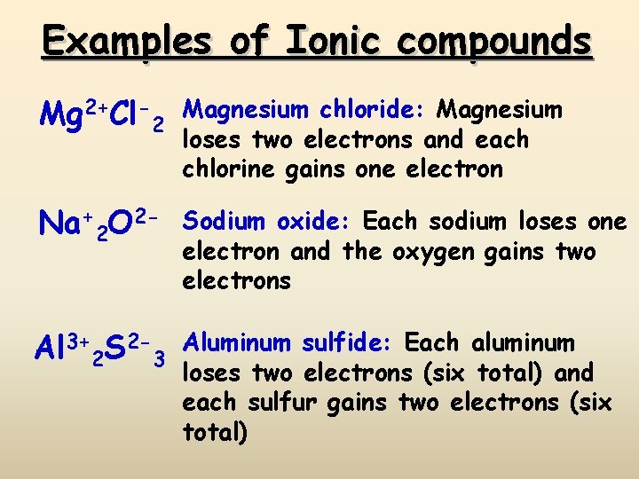 Examples of Ionic compounds Mg 2+Cl-2 Magnesium chloride: Magnesium loses two electrons and each