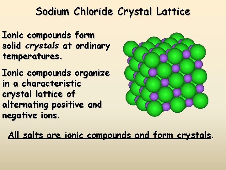 Sodium Chloride Crystal Lattice Ionic compounds form solid crystals at ordinary temperatures. Ionic compounds