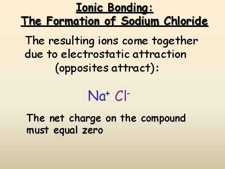 Ionic Bonding: The Formation of Sodium Chloride The resulting ions come together due to