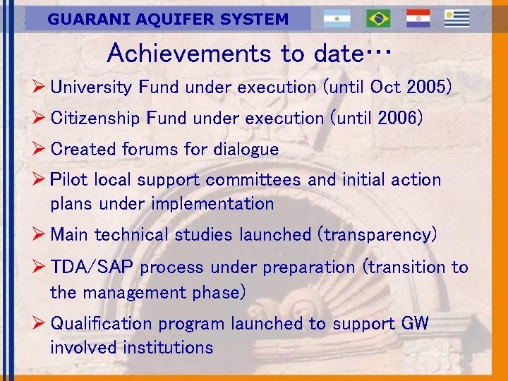 GUARANI AQUIFER SYSTEM Achievements to date… Ø University Fund under execution (until Oct 2005)