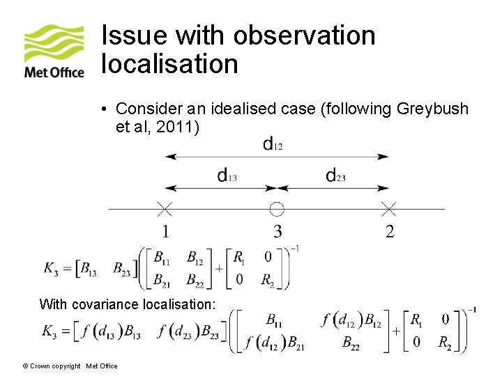 Issue with observation localisation • Consider an idealised case (following Greybush et al, 2011)