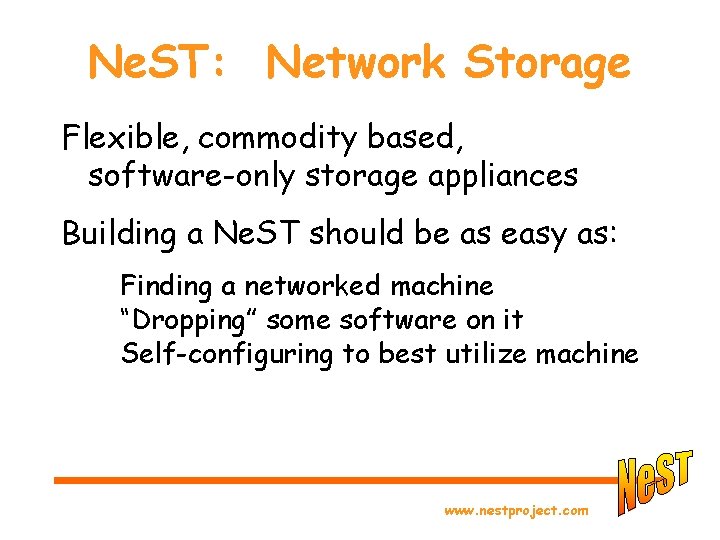 Ne. ST: Network Storage Flexible, commodity based, software-only storage appliances Building a Ne. ST