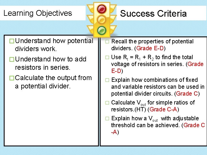 Success Criteria Learning Objectives � Understand how potential dividers work. � Understand how to