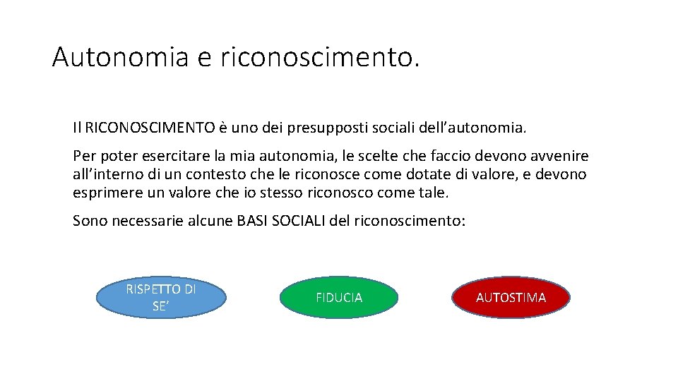 Autonomia e riconoscimento. Il RICONOSCIMENTO è uno dei presupposti sociali dell’autonomia. Per poter esercitare Autonomia e riconoscimento. Il RICONOSCIMENTO è uno dei presupposti sociali dell’autonomia. Per poter esercitare