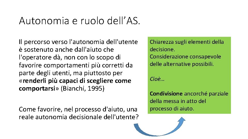Autonomia e ruolo dell’AS. Il percorso verso l'autonomia dell'utente è sostenuto anche dall'aiuto che Autonomia e ruolo dell’AS. Il percorso verso l'autonomia dell'utente è sostenuto anche dall'aiuto che