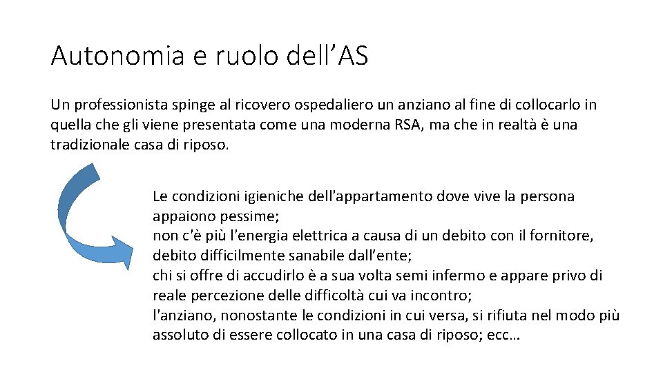 Autonomia e ruolo dell’AS Un professionista spinge al ricovero ospedaliero un anziano al fine Autonomia e ruolo dell’AS Un professionista spinge al ricovero ospedaliero un anziano al fine