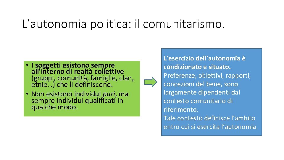 L’autonomia politica: il comunitarismo. • I soggetti esistono sempre all’interno di realtà collettive (gruppi, L’autonomia politica: il comunitarismo. • I soggetti esistono sempre all’interno di realtà collettive (gruppi,