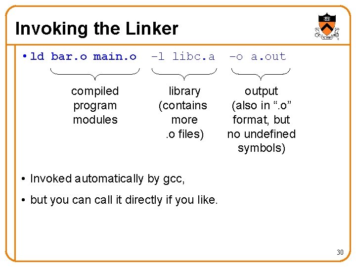 Invoking the Linker • ld bar. o main. o compiled program modules –l libc.