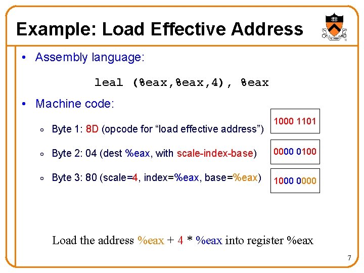 Example: Load Effective Address • Assembly language: leal (%eax, 4), %eax • Machine code: