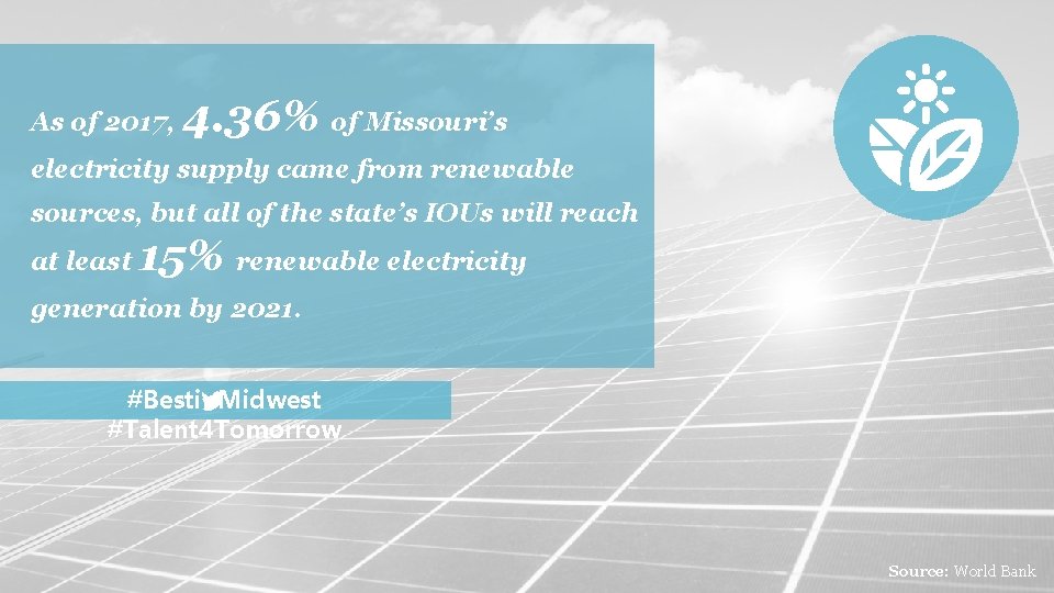 As of 2017, 4. 36% of Missouri’s electricity supply came from renewable sources, but