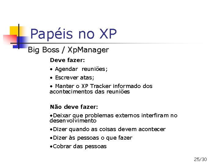 Papéis no XP Big Boss / Xp. Manager Deve fazer: • Agendar reuniões; •