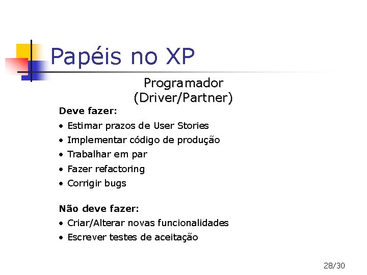 Papéis no XP Programador (Driver/Partner) Deve fazer: • Estimar prazos de User Stories •