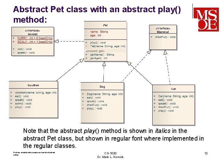 Abstract Pet class with an abstract play() method: Note that the abstract play() method