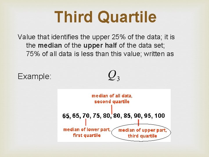 Third Quartile Value that identifies the upper 25% of the data; it is the