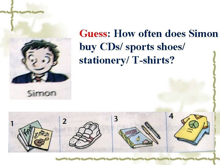 Guess: How often does Simon buy CDs/ sports shoes/ stationery/ T-shirts? 