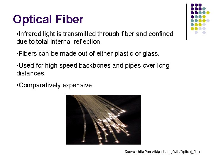 Optical Fiber • Infrared light is transmitted through fiber and confined due to total