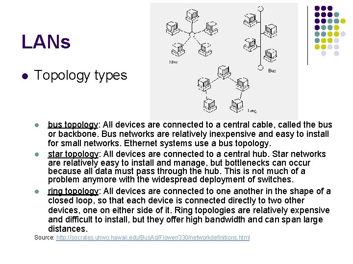 LANs l Topology types l l l bus topology: All devices are connected to