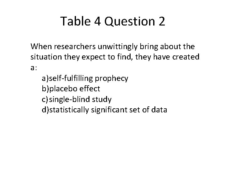 Table 4 Question 2 When researchers unwittingly bring about the situation they expect to