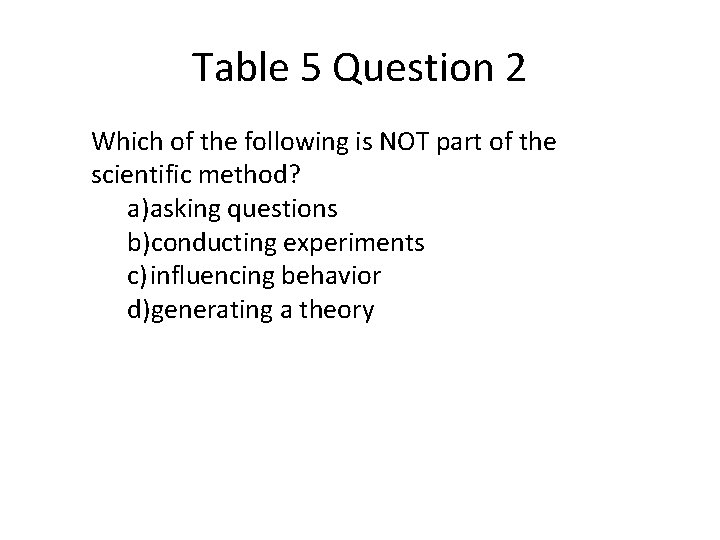 Table 5 Question 2 Which of the following is NOT part of the scientific