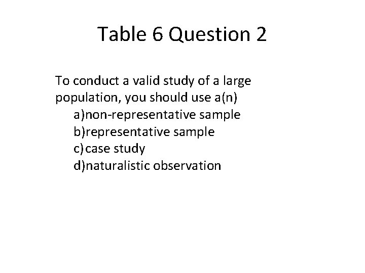 Table 6 Question 2 To conduct a valid study of a large population, you