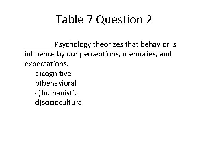 Table 7 Question 2 _______ Psychology theorizes that behavior is influence by our perceptions,