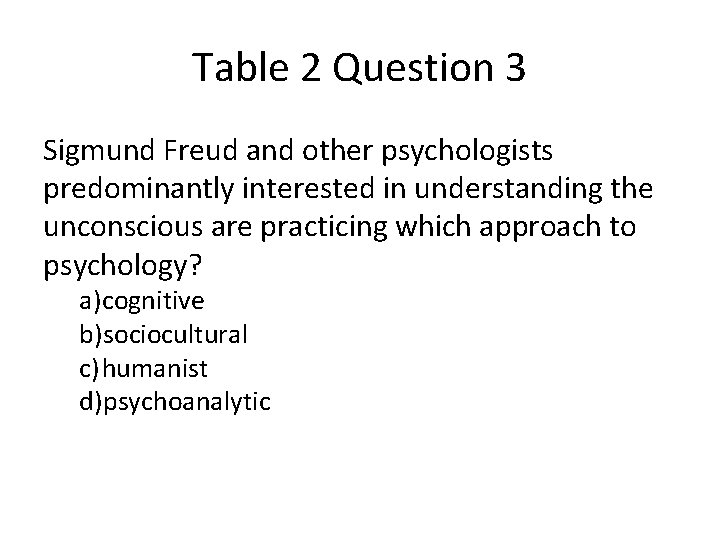 Table 2 Question 3 Sigmund Freud and other psychologists predominantly interested in understanding the