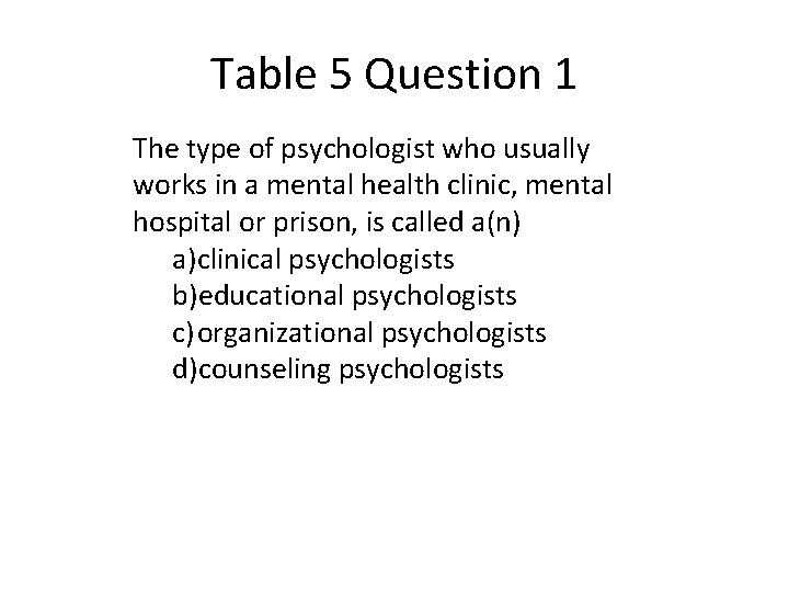 Table 5 Question 1 The type of psychologist who usually works in a mental