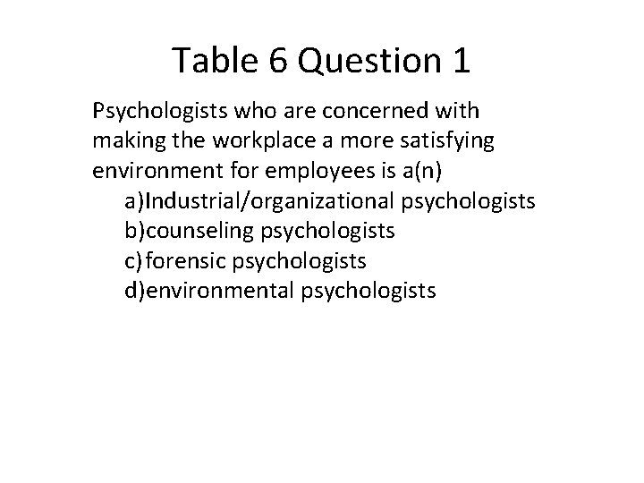 Table 6 Question 1 Psychologists who are concerned with making the workplace a more