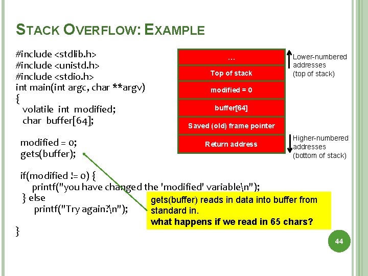 STACK OVERFLOW: EXAMPLE #include <stdlib. h> #include <unistd. h> #include <stdio. h> int main(int