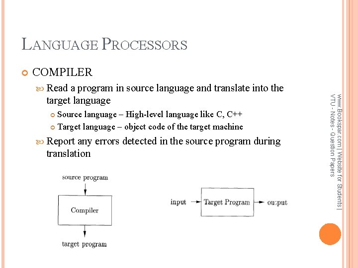 LANGUAGE PROCESSORS COMPILER Read Source language – High-level language like C, C++ Target language