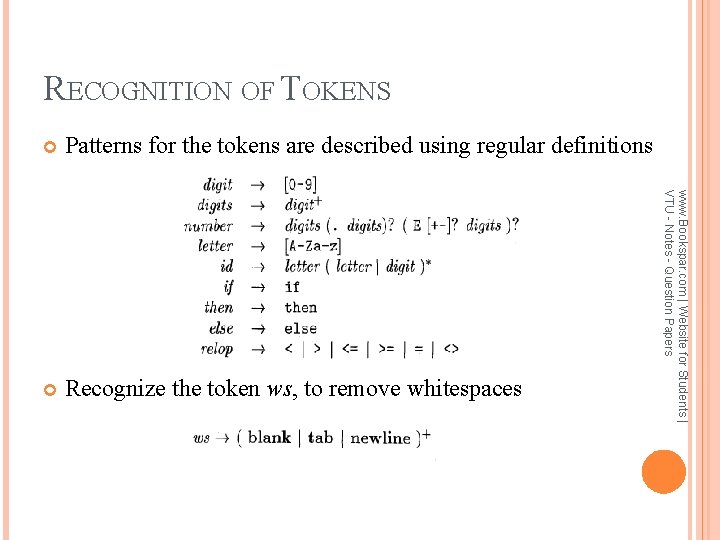 RECOGNITION OF TOKENS Patterns for the tokens are described using regular definitions Recognize the