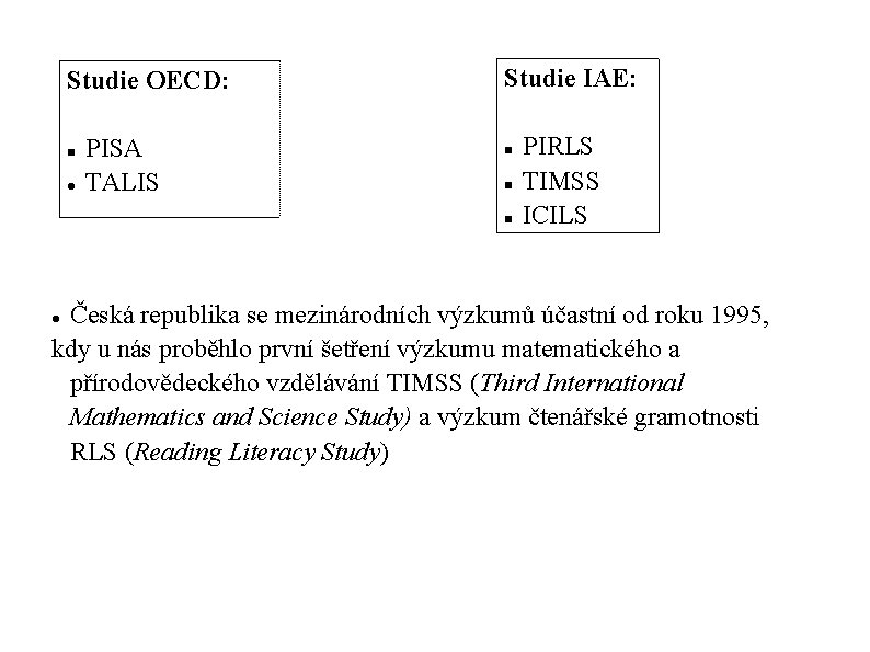 Studie OECD: PISA TALIS Studie IAE: PIRLS TIMSS ICILS Česká republika se mezinárodních výzkumů