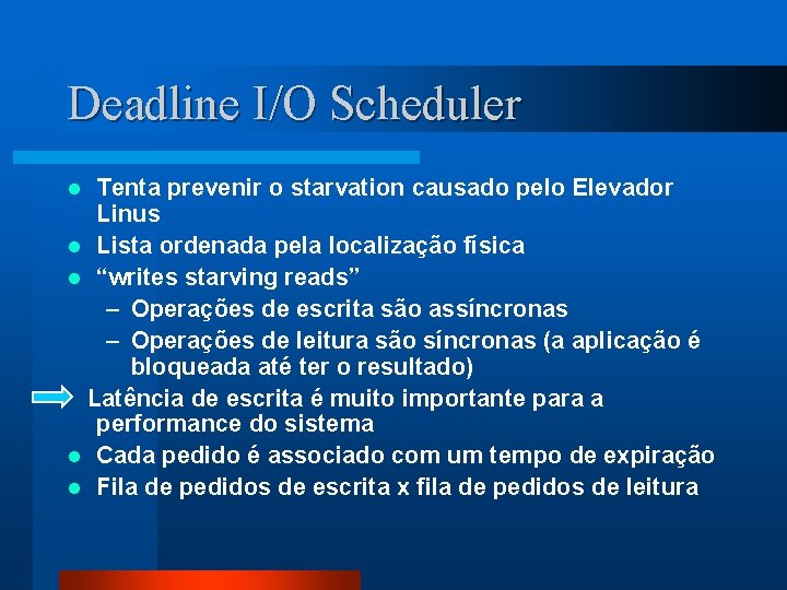 Deadline I/O Scheduler Tenta prevenir o starvation causado pelo Elevador Linus l Lista ordenada
